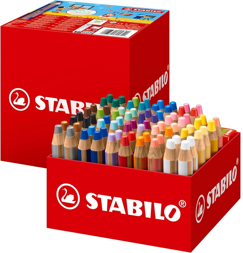 Stabilo woody 3-in-1 spalvinimo pieštukas, akvarelė ir vaško kreidelė, dėžutė su 76 vnt. ir 4 drožtukais, su 24 skirtingomis spalvomis