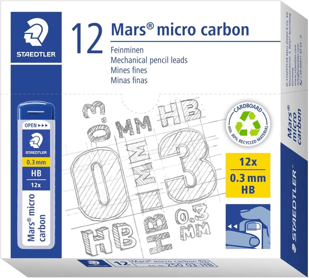 Staedtler Mars Micro Carbon 250 03 0.3mm Hb mechaninio pieštuko šerdelės (12 vnt. pakuotė)