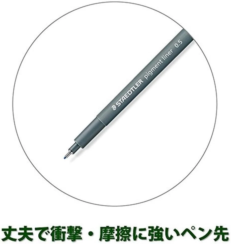 Staedtler Pigment Liner, mėlynas, linijos plotis 0,5 mm, neištrinamas pigmentinis rašalas, ilgas metalinis galiukas, ilgaamžis, 10 fineliner tipo rašiklių kartoninėje dėžutėje, 308 05-3