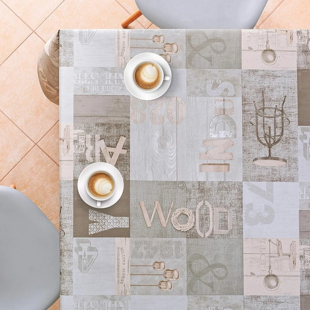 Staltiesė su mediniu industrinio lofto raštu - didelė 300 x 140 cm stačiakampė, patvari, vandeniui atspari ir lengvai valoma aliejinė staltiesė pvc, kaimiška medinė lenta smėlio rudos pilkos spalvos