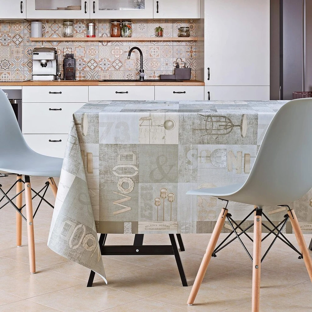 Staltiesė su mediniu industrinio lofto raštu - didelė 300 x 140 cm stačiakampė, patvari, vandeniui atspari ir lengvai valoma aliejinė staltiesė pvc, kaimiška medinė lenta smėlio rudos pilkos spalvos