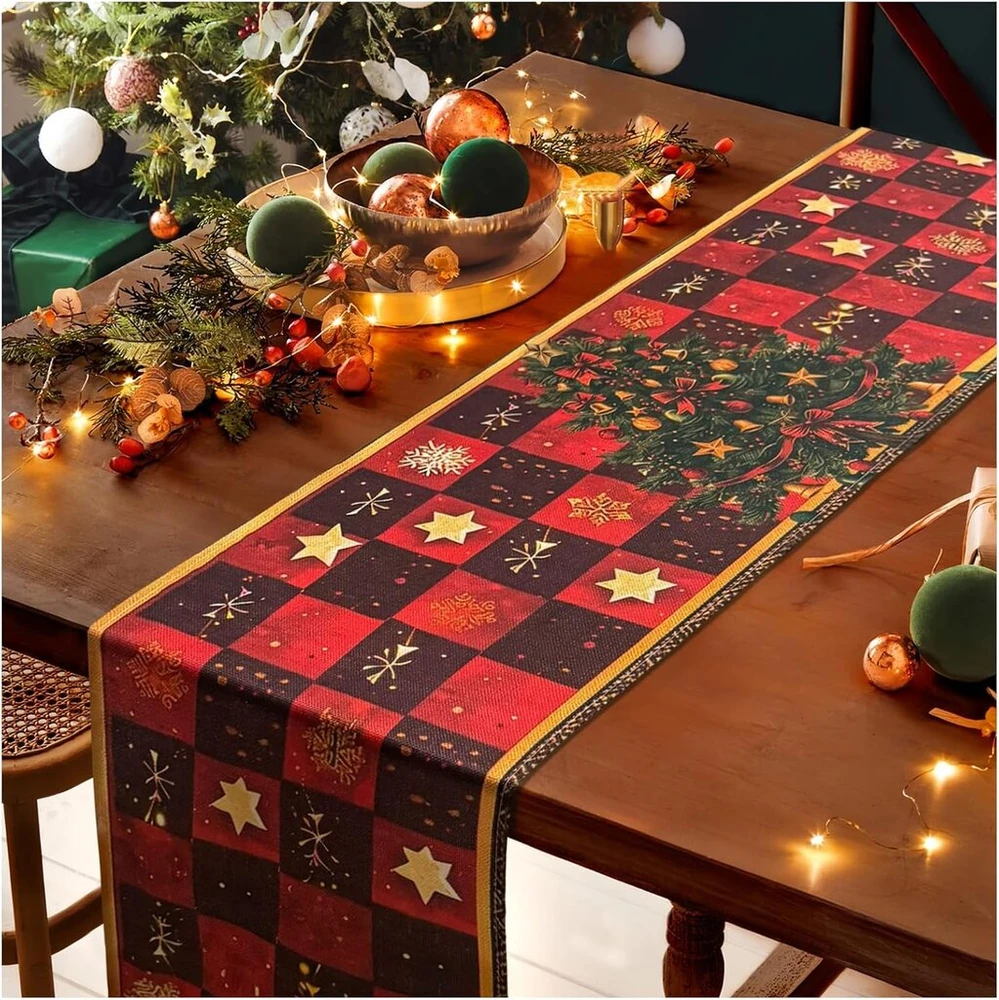 Staltiesės takelis christmas red auksinis modern christmas table runner stars snowflakes christmas medžio checked tablecloth washable