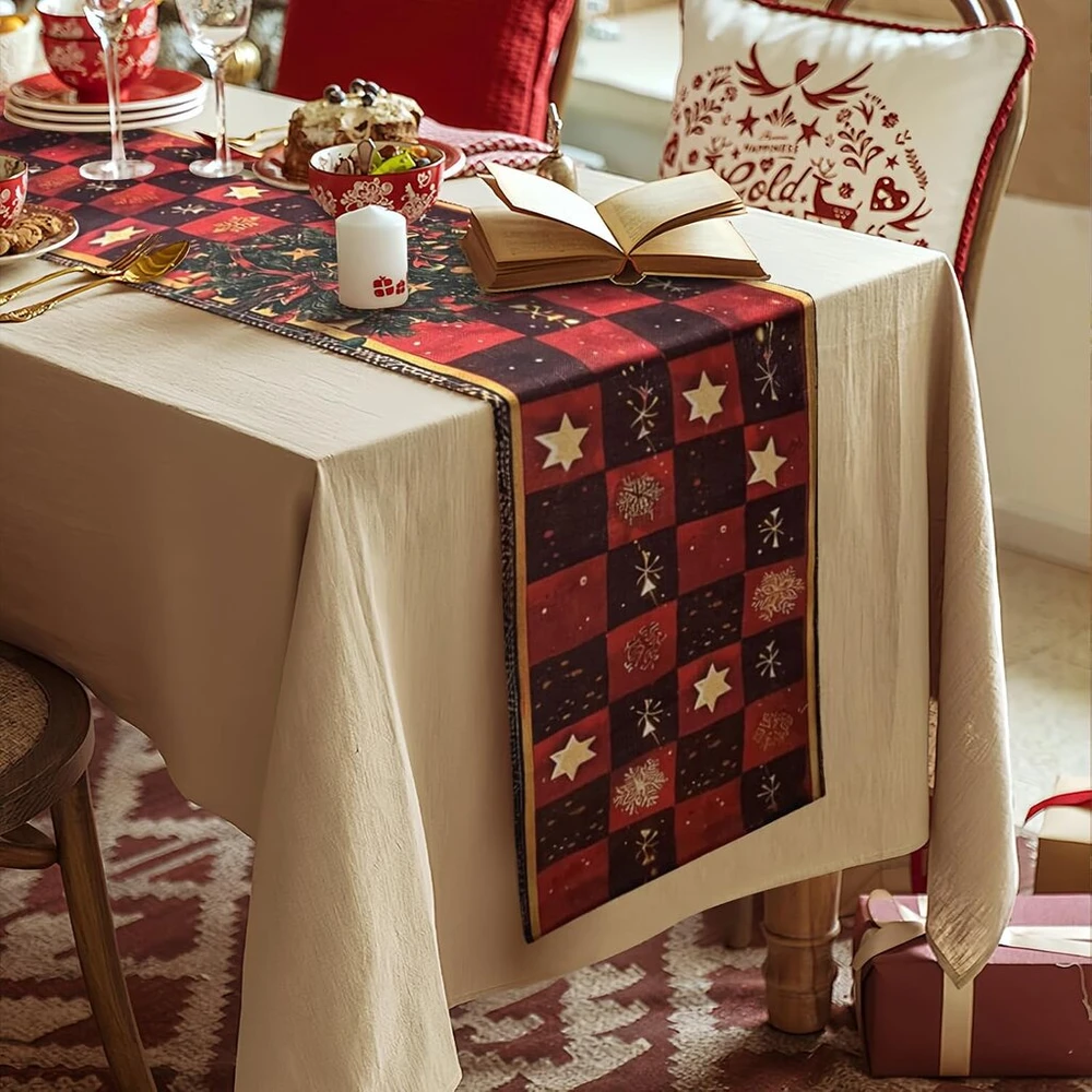 Staltiesės takelis christmas red auksinis modern christmas table runner stars snowflakes christmas medžio checked tablecloth washable