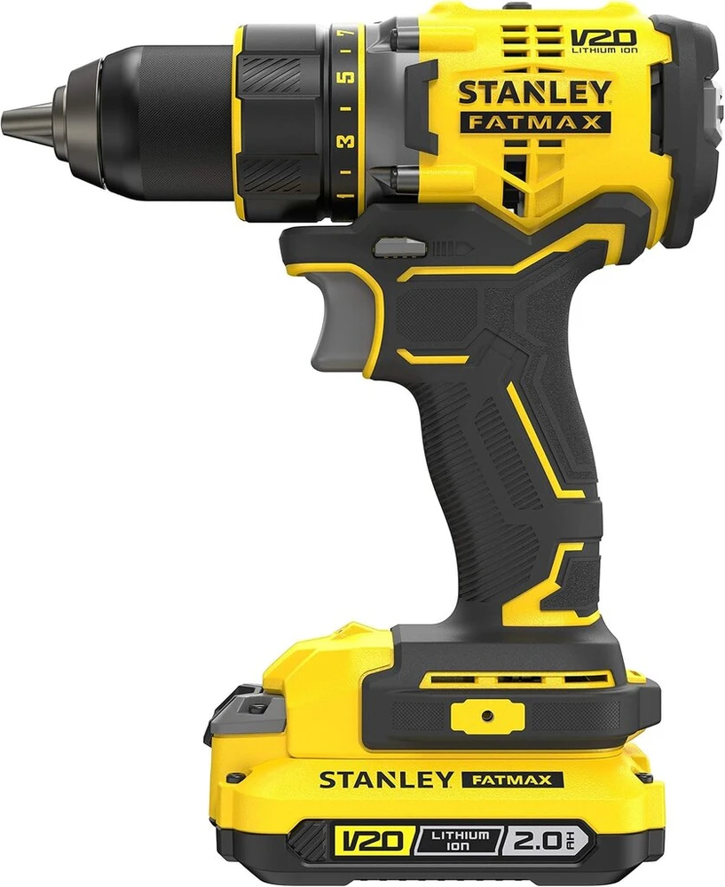 Stanley Fatmax 18v 2 greičių akumuliatorinis gręžtuvas-suktuvas Sfmcd720d2k (2.0ah, maks. sukimo momentas 80 Nm, bešepetėlinis variklis su pilnai metaline pavara, Led lemputė, 2 akumuliatoriai, įkroviklis, diržo spaustukas ir dėklas)