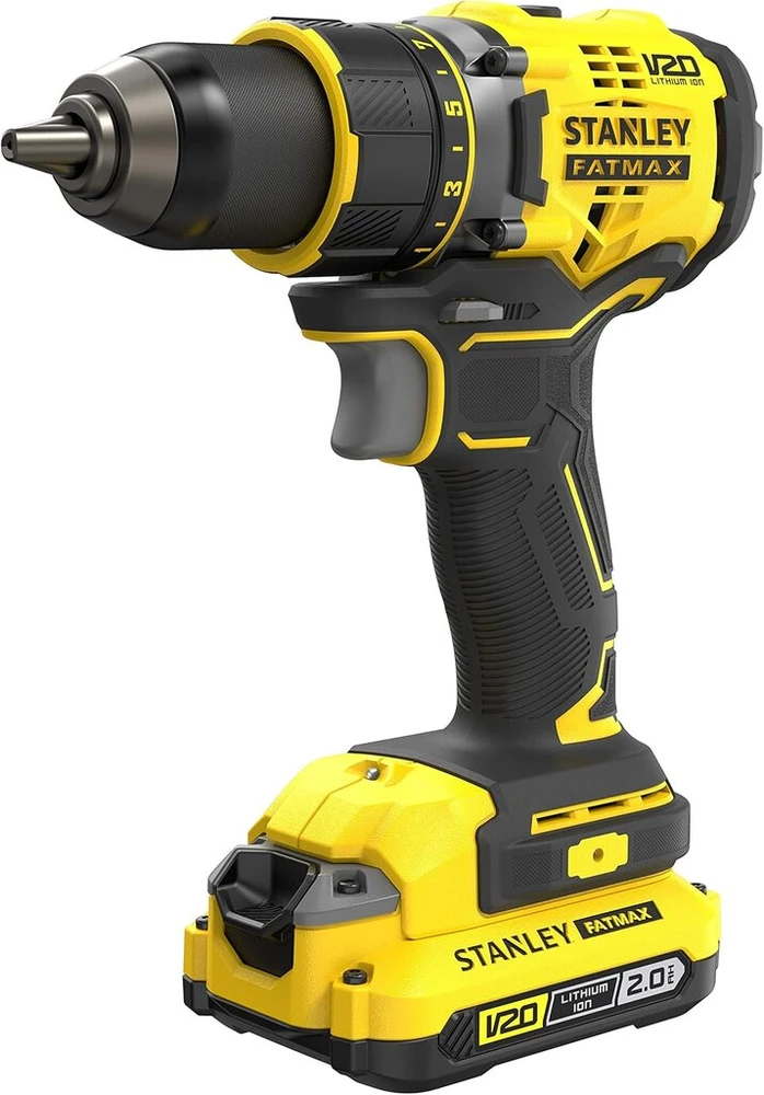 Stanley Fatmax 18v 2 greičių akumuliatorinis gręžtuvas-suktuvas Sfmcd720d2k (2.0ah, maks. sukimo momentas 80 Nm, bešepetėlinis variklis su pilnai metaline pavara, Led lemputė, 2 akumuliatoriai, įkroviklis, diržo spaustukas ir dėklas)