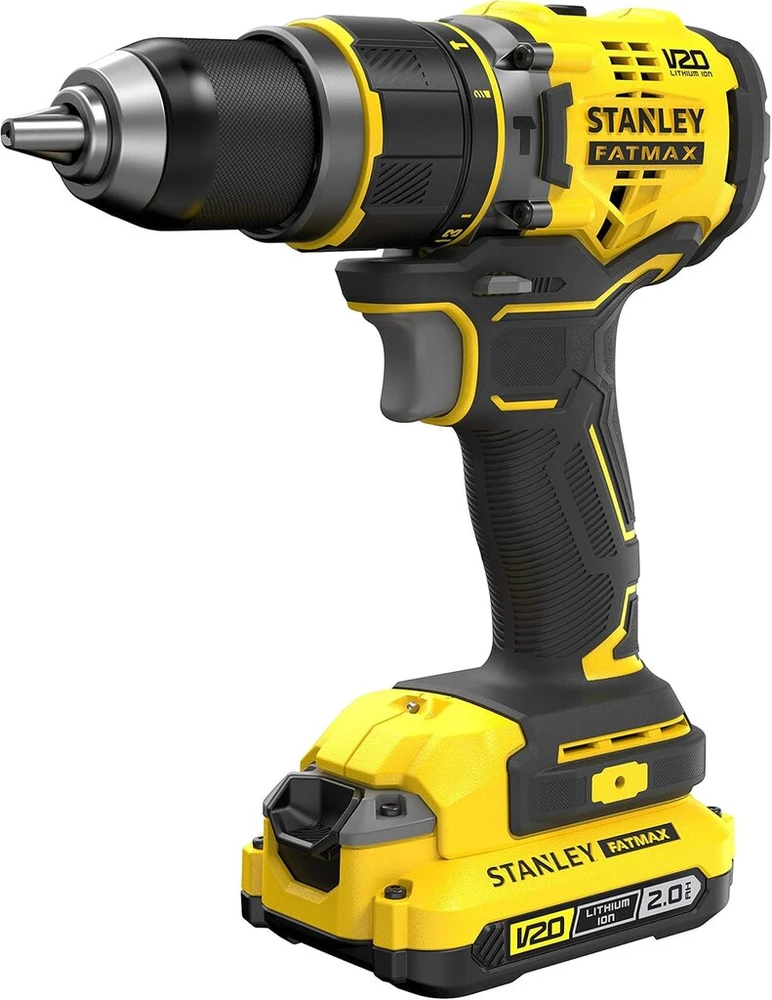 Stanley Fatmax 18v V20 akumuliatorinis smūginis gręžtuvas-suktuvas, gręžtuvas be laido, led darbinis žibintas, 15 sukimo momento nustatymų, su x1 ličio jonų 2ah akumuliatoriumi, x1 Es įkrovikliu ir x1 dėklu, Sfmcd721d2k-qw