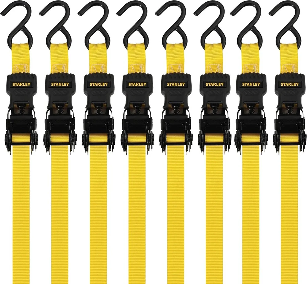 Stanley S1000 25 mm x 3 m diržų komplektas su terkšle – lengvam krovinių transportavimui (680 kg trūkimo riba) – 8 vnt. – juodi/geltoni
