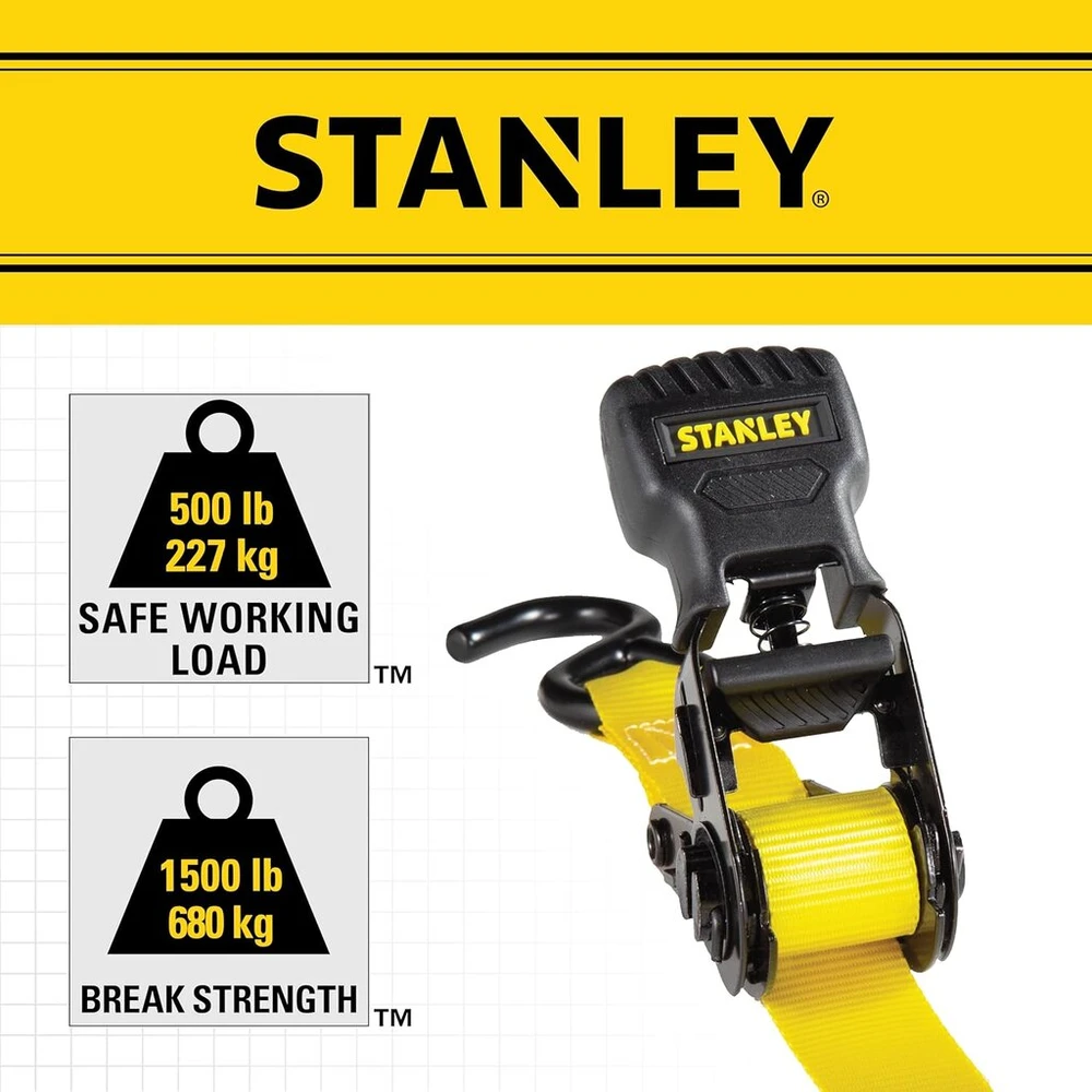 Stanley S1000 25 mm x 3 m diržų komplektas su terkšle – lengvam krovinių transportavimui (680 kg trūkimo riba) – 8 vnt. – juodi/geltoni
