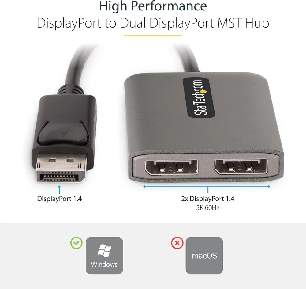 Startech.com 2 prievadų kelių monitorių Displayport adapteris, dp į 2x Displayport 1.4 skirstytuvas, dvigubas 5k 60hz kompiuterio mst mazgas, ypač ilgas integruotas kabelis, tik windows (mst14dp122dp)
