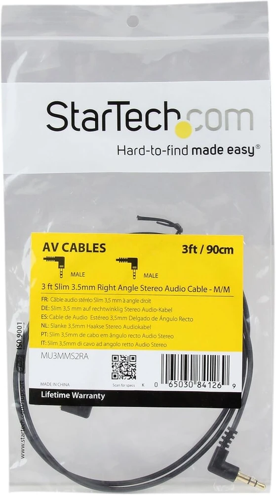 Startech.com 3 pėdų plonas 3,5 mm stačiu kampu stereo garso kabelis - m/m