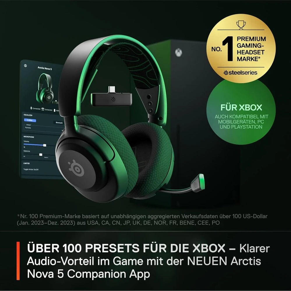 Steelseries Arctis Nova 5x Belaidės Žaidimų Ausinės, Skirtos XBOX - XBOX, Ps, Pc, Switch 2, Mobiliesiems Telefonams - Magnetiniai Neodimio Garsiakalbiai - 100+ Garso Nustatymų - 60 Val. Baterijos Veikimo Laikas - 2.4ghz / Bt - Clearcast Gen2.x