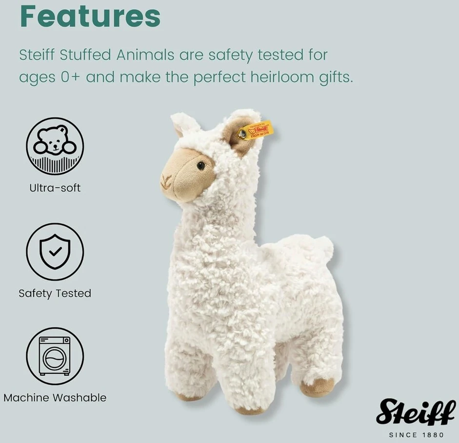 Steiff 069543 originalus pliušinis žaislas lama soft cuddly friends leandro, minkštas žaislas apie 29 cm, firminis pliušinis mygtukas ausyje, minkštas draugas kūdikiams nuo gimimo, kreminės spalvos