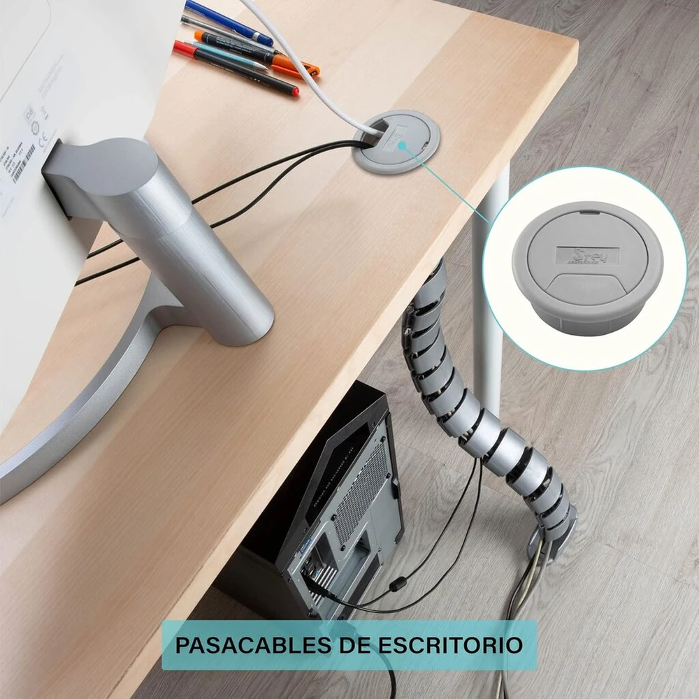 Stey accesorios kabelių organizatorius - pagamintas iš perdirbto plastiko - biuro reikmenys - lankstus laikiklis su 2 kaiščiais tvirtinimui - pilkas dizainas - pagaminta Es