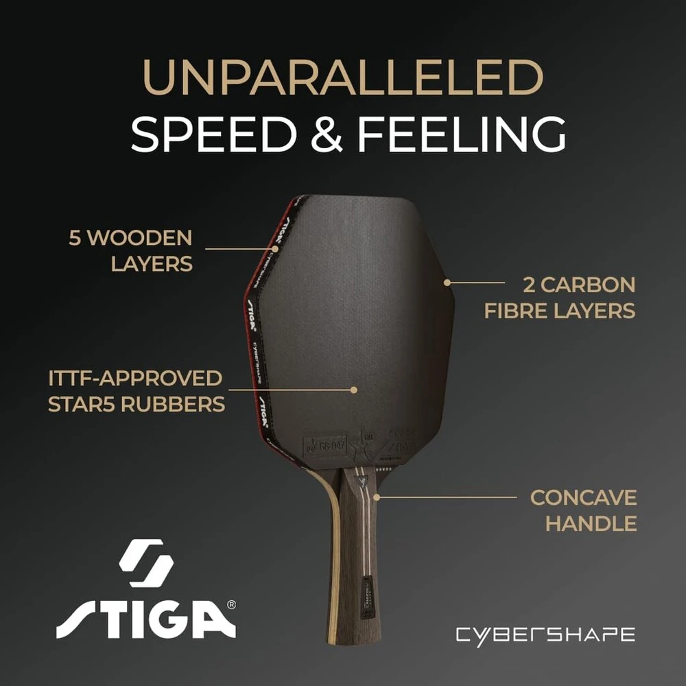 Stiga Pro Carbon+ Cybershape stalo teniso raketė, 5 žvaigždučių profesionali stalo teniso lazda su šešiakampio formos galvute puolantiems žaidėjams