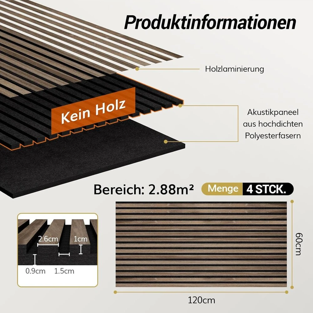 Stiprintuvas Tonor Akustinės medienos lukšto plokštės, lipnios, 2.88 m², 4 vnt. pakuotė, 120 x 60 x 1.9 cm, akustinės plokštės, medienos išvaizdos, akustinės plokštės akustiniam apdorojimui ir sienų dekoravimui, svetainei, biurui