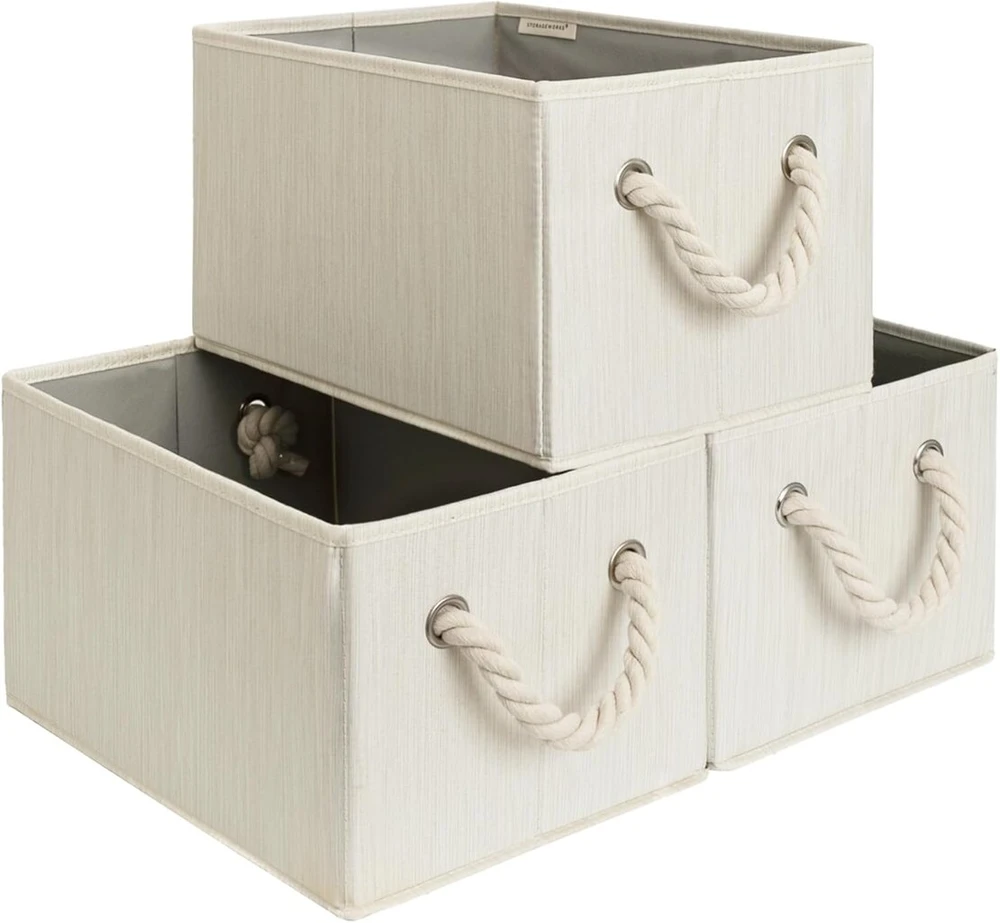 Storageworks dideli laikymo krepšiai daiktų organizavimui, sulankstoma dėžė lentynoms, medžiaginiai konteineriai su rankenomis, dekoratyviniai krepšiai lentynoms, smėlio, baltos ir dramblio kaulo spalvos, 3 vnt.