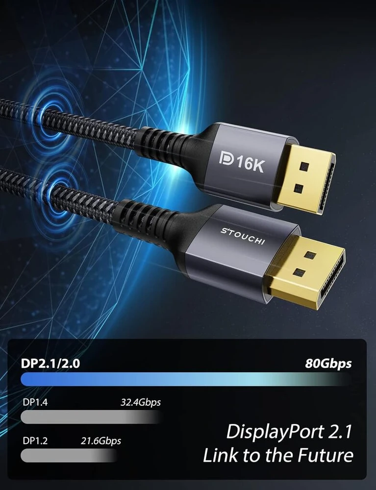 Stouchi 2 vnt. Displayport 2.1 kabelis [16k@60hz, 10k@60hz, 8k@120hz, 4k@240hz 165hz 144hz] palaiko 80gbps Hdr Hdcp 2.2 Dsc1.2a Freesync G-sync Ekranas Port 2.1 kabelis, skirtas žaidimų monitoriui, 1m