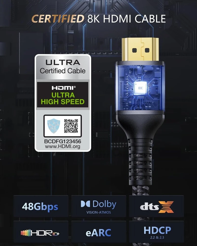 Stouchi Hdmi 2.1 kabelis, 2 m, sertifikuotas, 10k / 8k Ultra Hd, 48 Gbps didelis greitis, 10k / 8k120 / 4k120 / 144hz, Rtx 3080, Earc, Hdr10 4:4:4, Hdcp 2.2 & 2.3, Dolby, suderinamas su Roku Tv / Ps5 / XBOX Series X / Lg