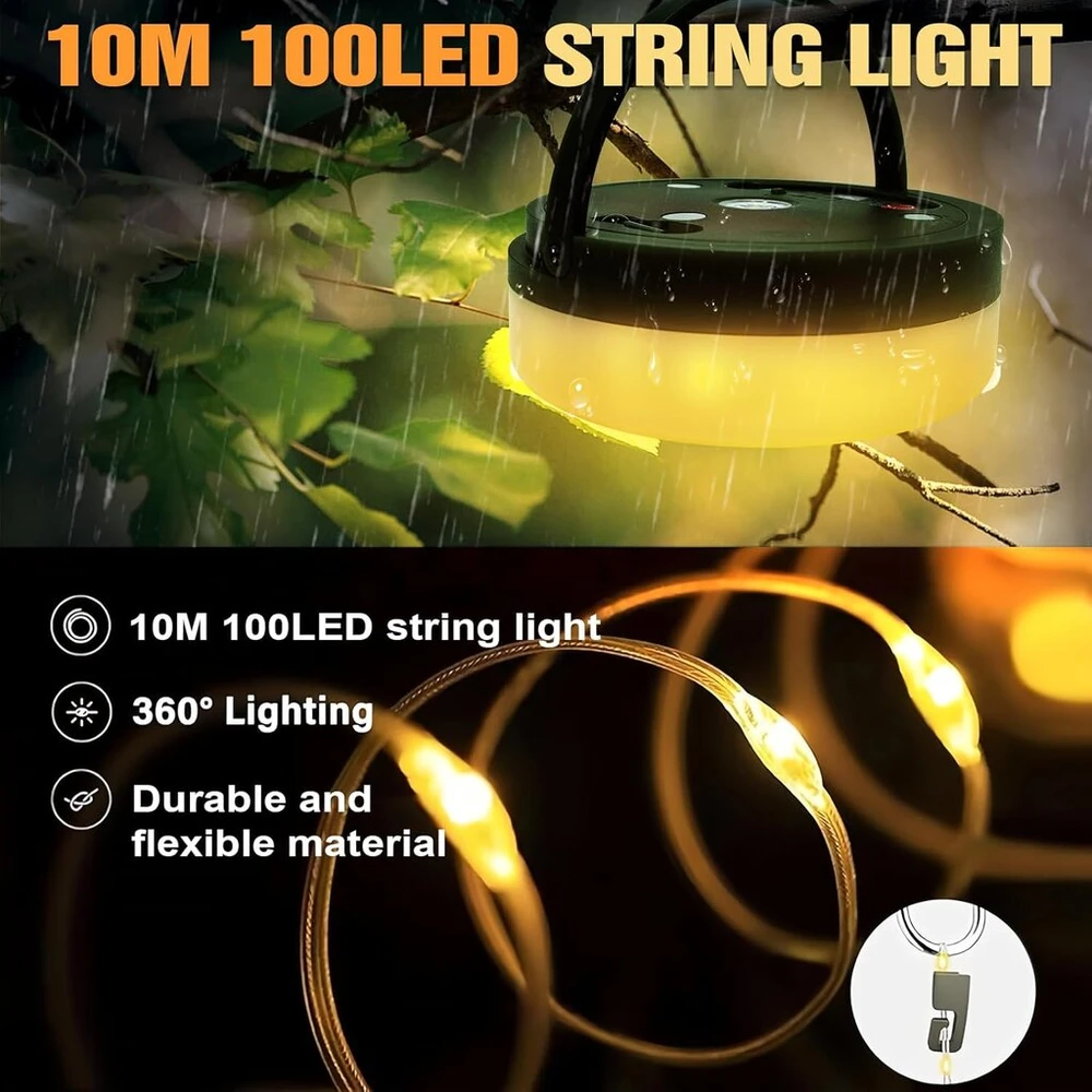 Stovyklavimo dekoratyvinės lemputės, suvyniotos, 10 m, 100 Led, įkraunamos per Usb, stovyklavimo dekoratyvinės lemputės suvyniotos, Ip65 vandeniui atsparios dekoratyvinės lemputės, suvyniotos, stovyklavimo dekoratyvinės lemputės stovyklavimui, laukui, bal