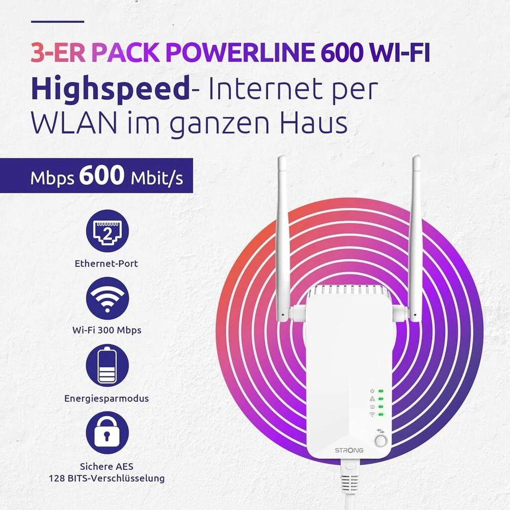 Strong - powerline 600 triple wi-fi eu rinkinys - 2 powerline 600 mbps + wlan adapteris 300 mbps, greita interneto prieiga - integruotas lizdas - 300 m atstumas - visiems maršrutizatoriams - viešosios interneto prieigos taškas + ethernet - baltas