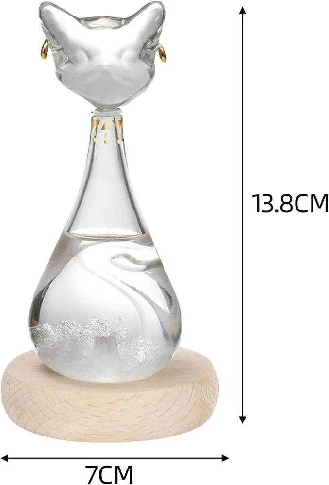 Sturmo stiklo meteorologijos stotis, orų prognozės butelis katės formos, barometriniai stiklo lašai su mediniu pagrindu, orų stiklo audros butelis, originali dovana moterims gimtadienio proga (balta katė)