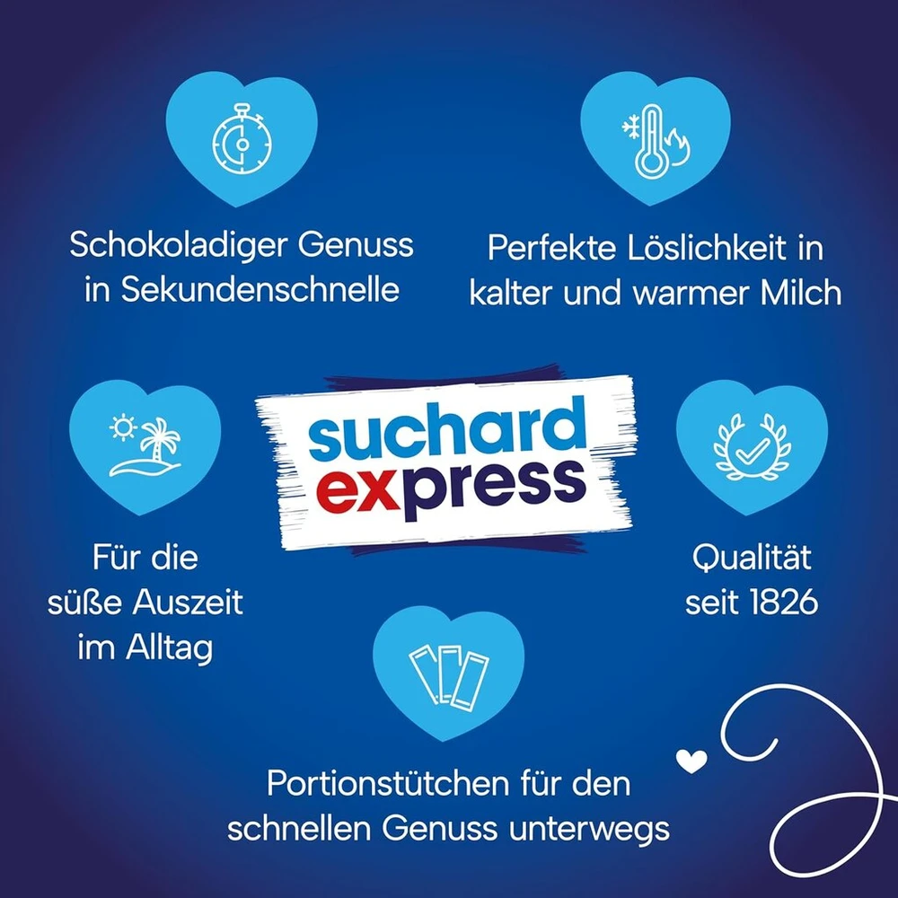 Suchard Express geriamasis šokoladas, 10 x 14,5 g lazdelių su kakavos gėrimo milteliais, šaltam arba šiltam pienui