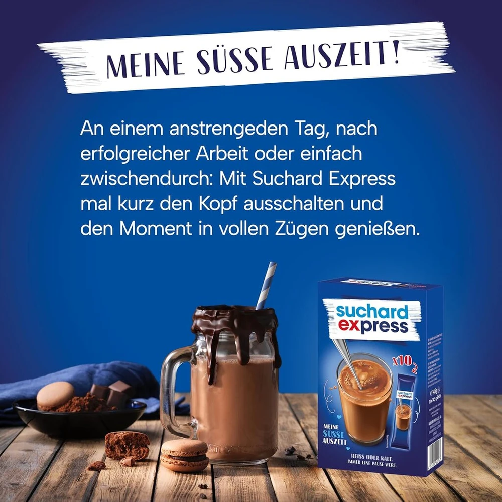 Suchard Express geriamasis šokoladas, 10 x 14,5 g lazdelių su kakavos gėrimo milteliais, šaltam arba šiltam pienui