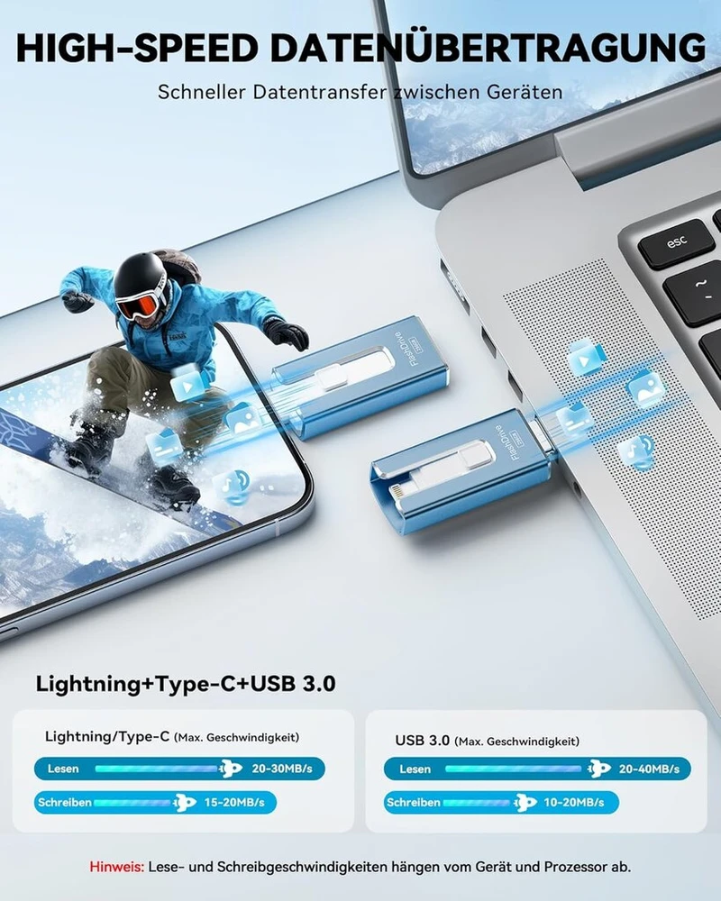 Sudeho usb atmintinė 256 gb, skirta iphone, mfi sertifikuota lightning atmintinė, stabilus duomenų perdavimas, 4-in-1 atmintinė, skirta iphone/ipad/android/pc, duomenų kopijavimas vienu spustelėjimu, pelenų mėlyna