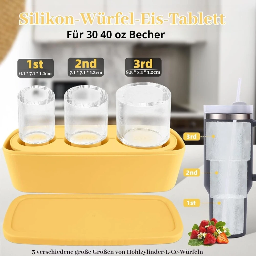 Suderinamas su Stanley puodeliu ledo kubelių padėklu, silikoninis ledo kubelių padėklas su dangteliu ir konteineriu, 3 skyrių ledo kubelių padėklas, ledo kubeliai 40 oz gertuvėms, gėrimams, alui, viskiui, vynui, vaisių tyrelei, ledui