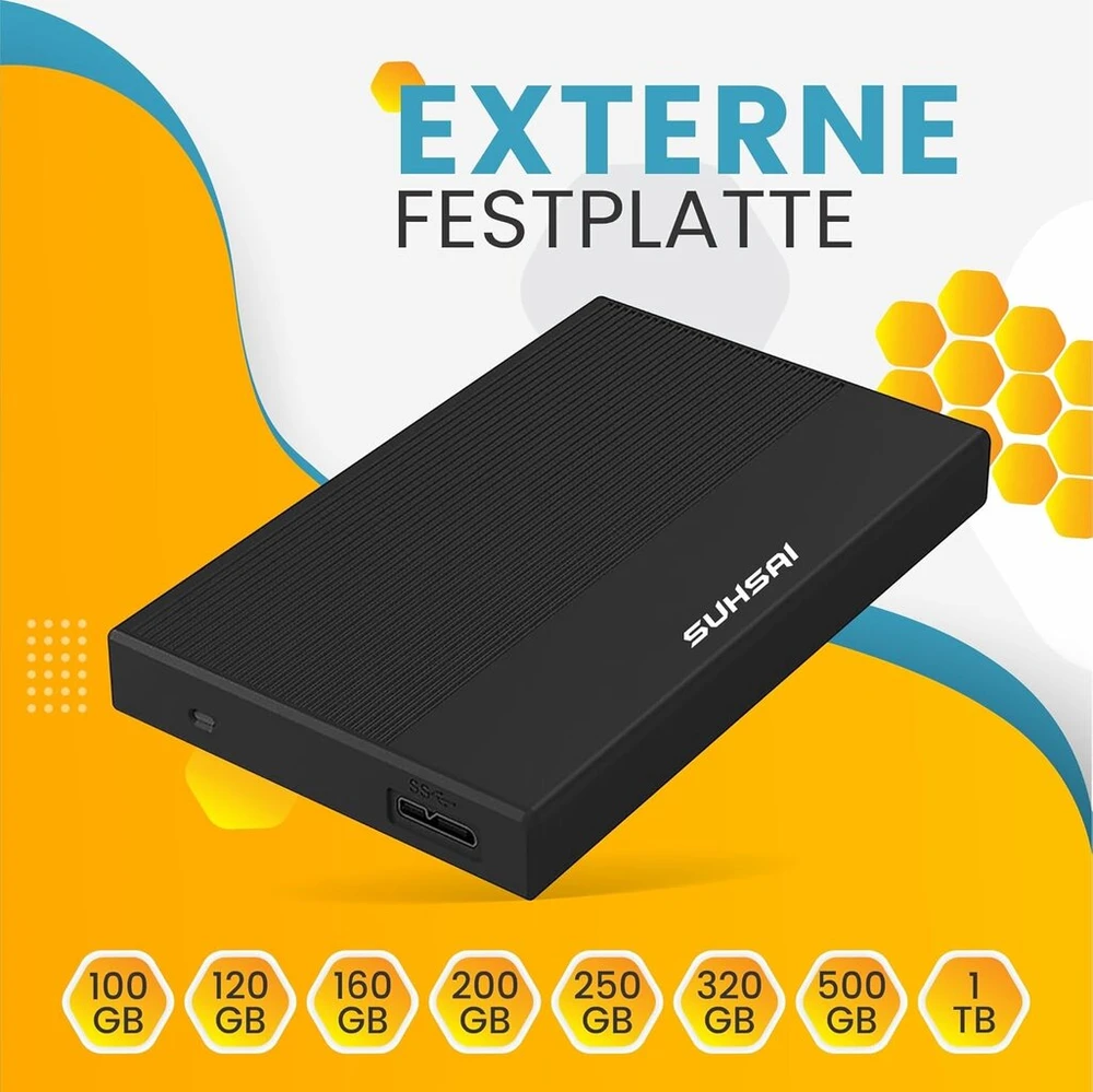 Suhsai išorinis kietasis diskas 320gb išorinis atsarginis diskas usb 3.0 didelės spartos duomenų perdavimo kietasis diskas, suderinamas su mac nešiojamuoju kompiuteriu, stacionariu kompiuteriu, žaidimų konsole (juodas)