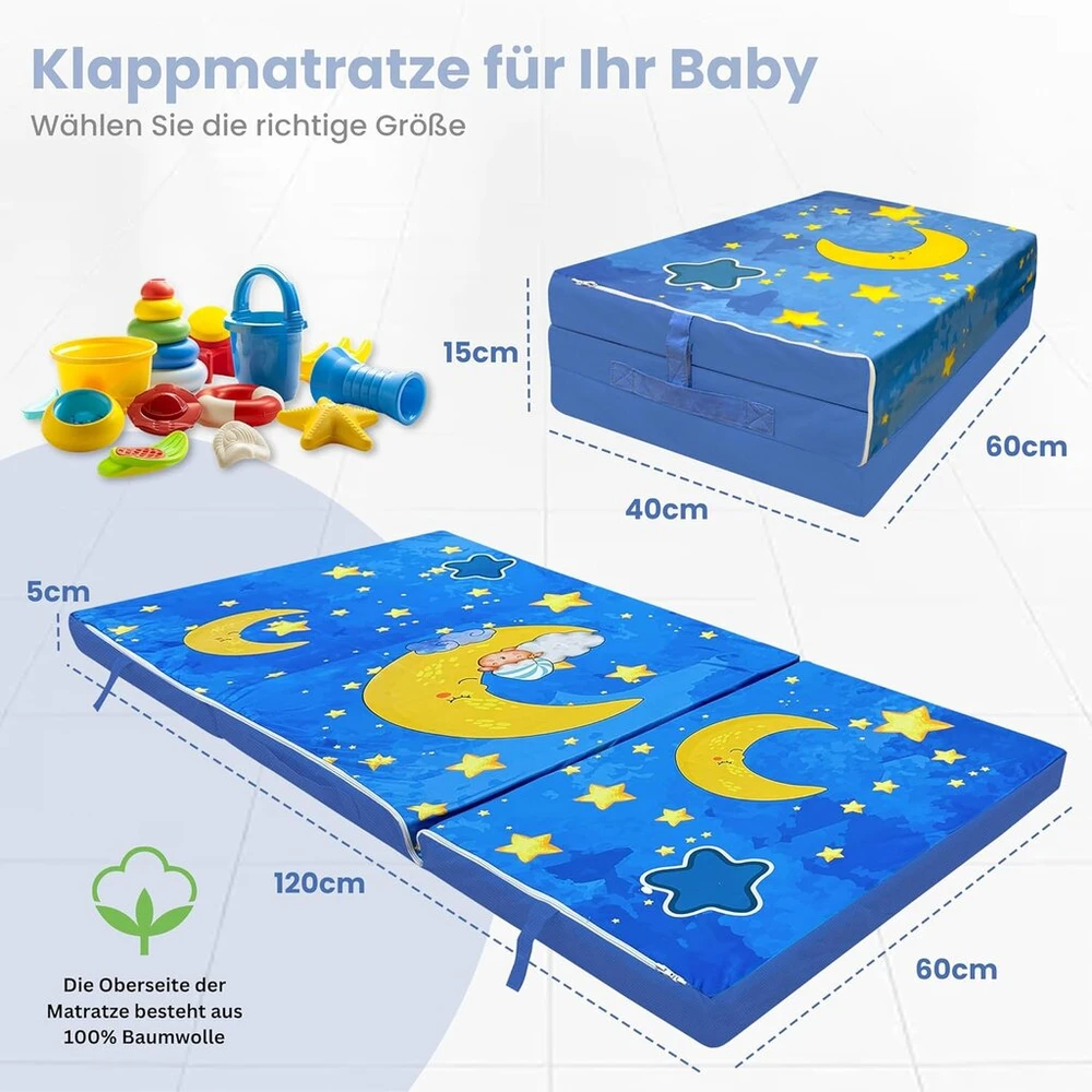 Lova Sulankstomas čiužinys, vaikiškas sulankstomas čiužinys, kelioninis lovelės čiužinys, vaikiškas čiužinys, miego kilimėlis mažyliams, sulankstomas čiužinys, svečių čiužinys vaikams, mėlynas (mėlynas, L 120 x W 60 x H