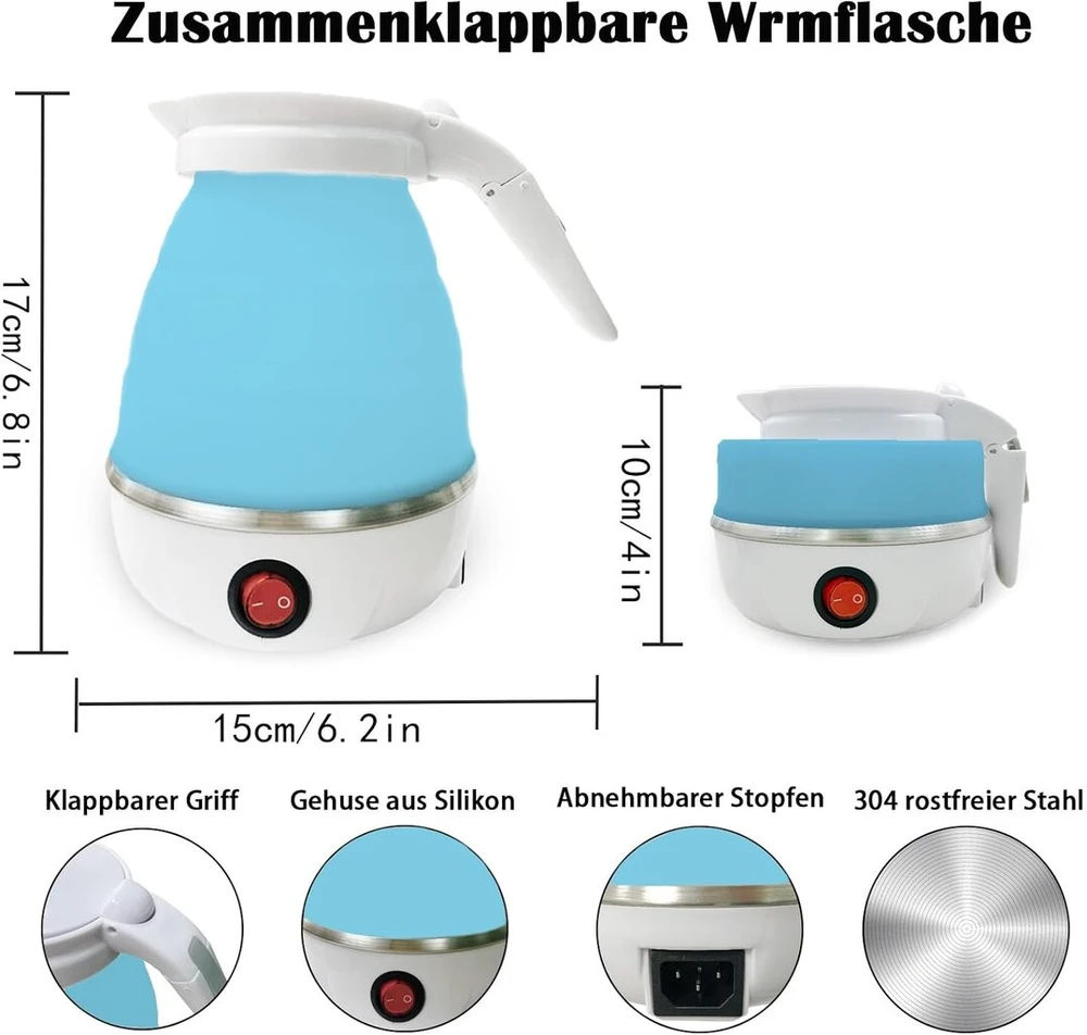 Sulankstomas virdulys, mėlynas silikoninis kelioninis virdulys, 0,6 l mini nešiojamas kempingo virdulys su nerūdijančio plieno pagrindu, greitas virimas per 5 minutes stovyklavimui lauke, žygiams, išgyvenimui