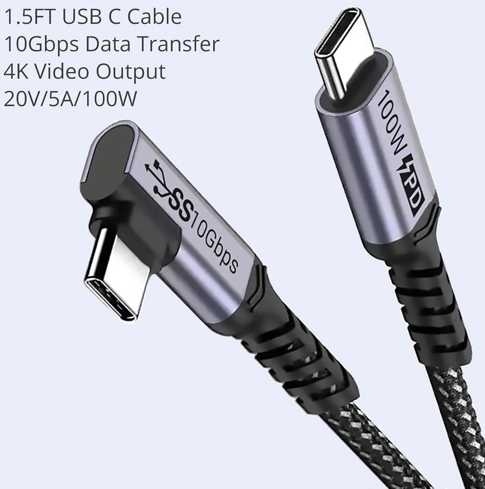 Sumpk 100 W trumpas Usb C kabelis 3.1 stačiu kampu [50 cm 2 vnt.], 5 A greitas įkrovimas, 10 Gbbps didelės spartos duomenų E-marker lusto kabelis, 4k @ 60 Hz vaizdo ekranas