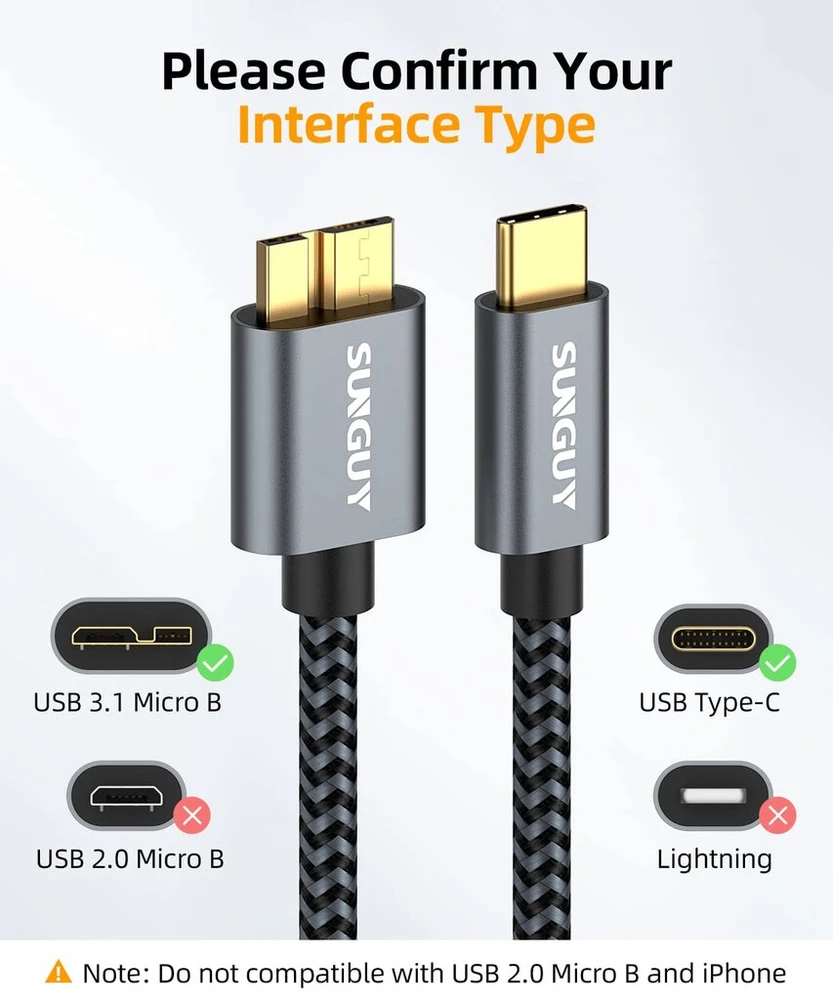 Sunguy usb c į micro b kabelis usb 3.1, 2 vnt., 0.5 m, 10 gbps usb c male į micro b male kietojo disko kabelis, suderinamas su toshiba, seagate, wd, galaxy s5 note 3, hdd ir kt., pilkas
