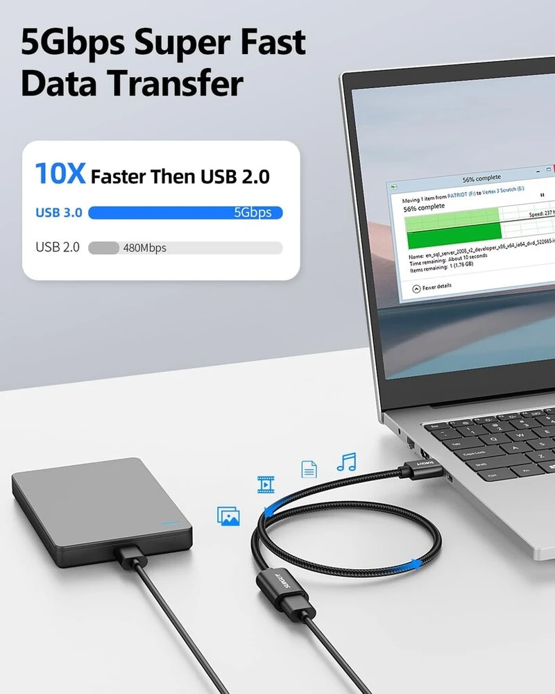 Sunguy Usb ilginimo laidas, 0,5 m Usb 3.0 ilginimo laidas 5 Gbps itin spartus Usb A kištukas į A lizdą ilginimui kortelių skaitytuvui, klaviatūrai, spausdintuvui, skaitytuvui, kamerai ir t. t. - juodas