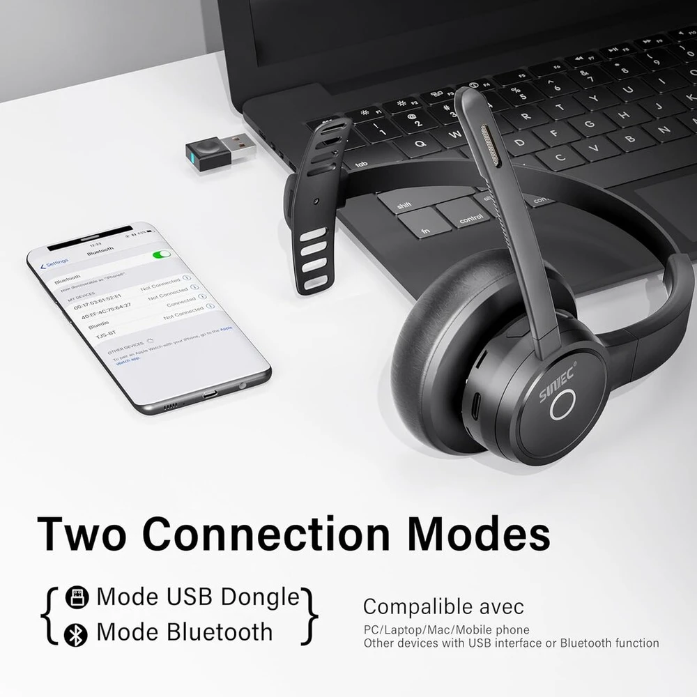 Sunitec Bluetooth ausinės, belaidės ausinės su triukšmą slopinančiu mikrofonu, geriausios ausinės su mikrofono nutildymu ir Usb jungtimi, skirtos Pc/kompiuteriui/nešiojamam kompiuteriui/telefonams/nuotoliniam darbui/skambučių centrui