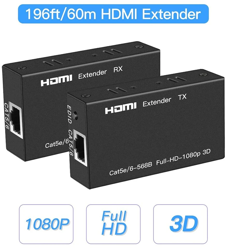 Sunnatch Hdmi ilgintuvas (196 pėdų/60 metrų), Hd siųstuvas ir imtuvas, Hdmi į Ethernet ilgintuvas vienu Cat5e/6/7 Ethernet kabeliu, palaiko 3d, 1080p, Edid, Hdcp