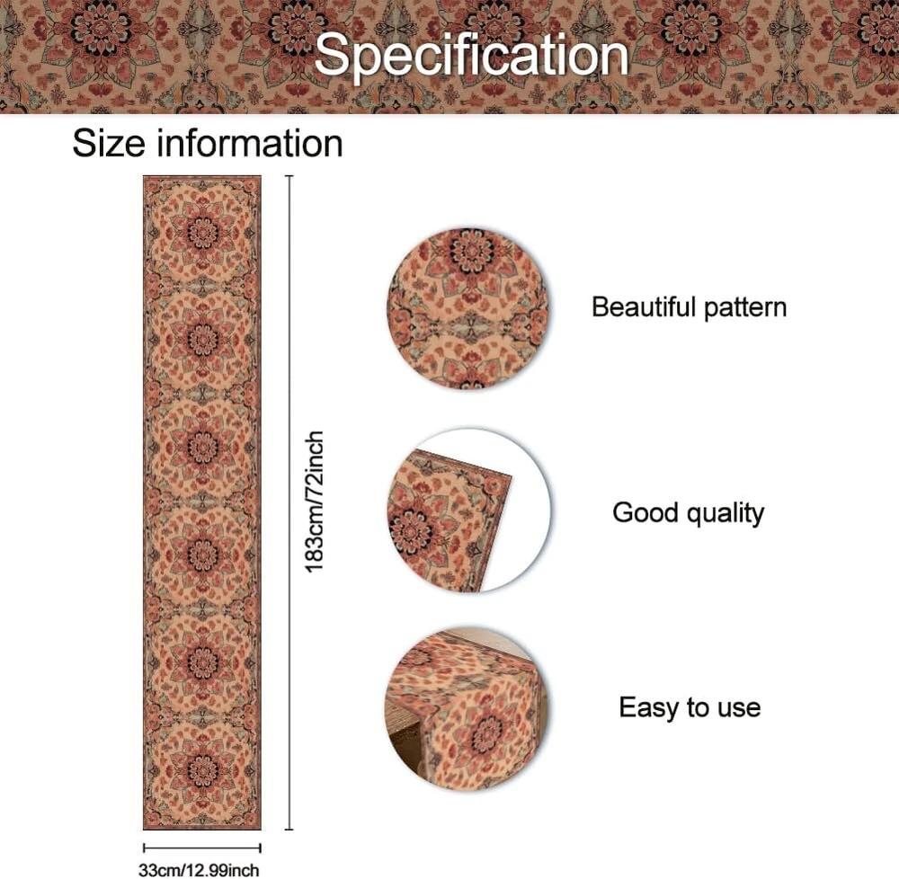 Superdant Stalo takelis retro mandala, storas stalo takelis 183 x 33 cm, vintažinis boho bohemiškas, plaunamas modernus stalo takelis stalams, sodybos pavasario dekoracija stalo puošimui, vakarėliams, vestuvėms, gimtadieniui