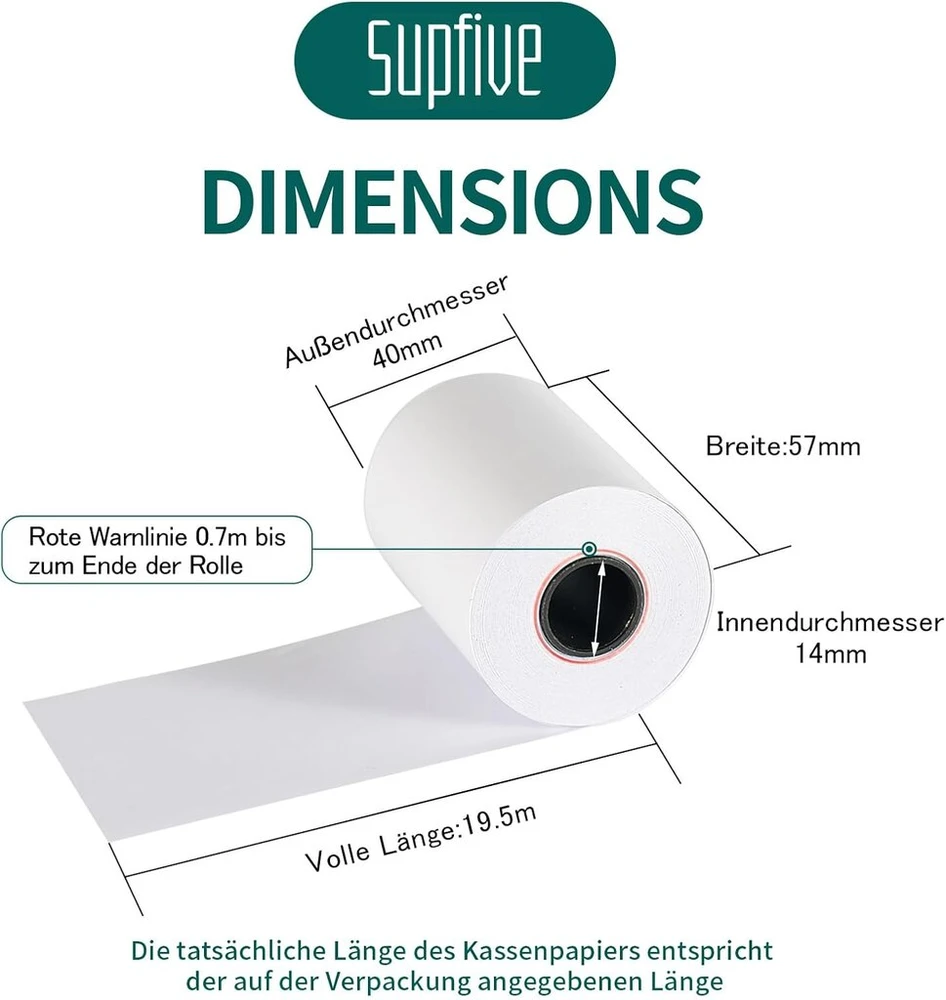 Supfive terminiai rulonai 57 mm x 40 mm x 14 mm x 19,5 m (50 rulonų) terminio popieriaus kvitų rulonai visiems standartiniams terminio popieriaus kasos aparatų spausdintuvams