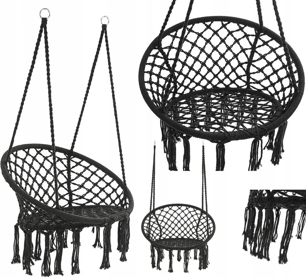 Sūpynės sodui gandralizdis, pakabinamas krėslas boho juodas 150 kg