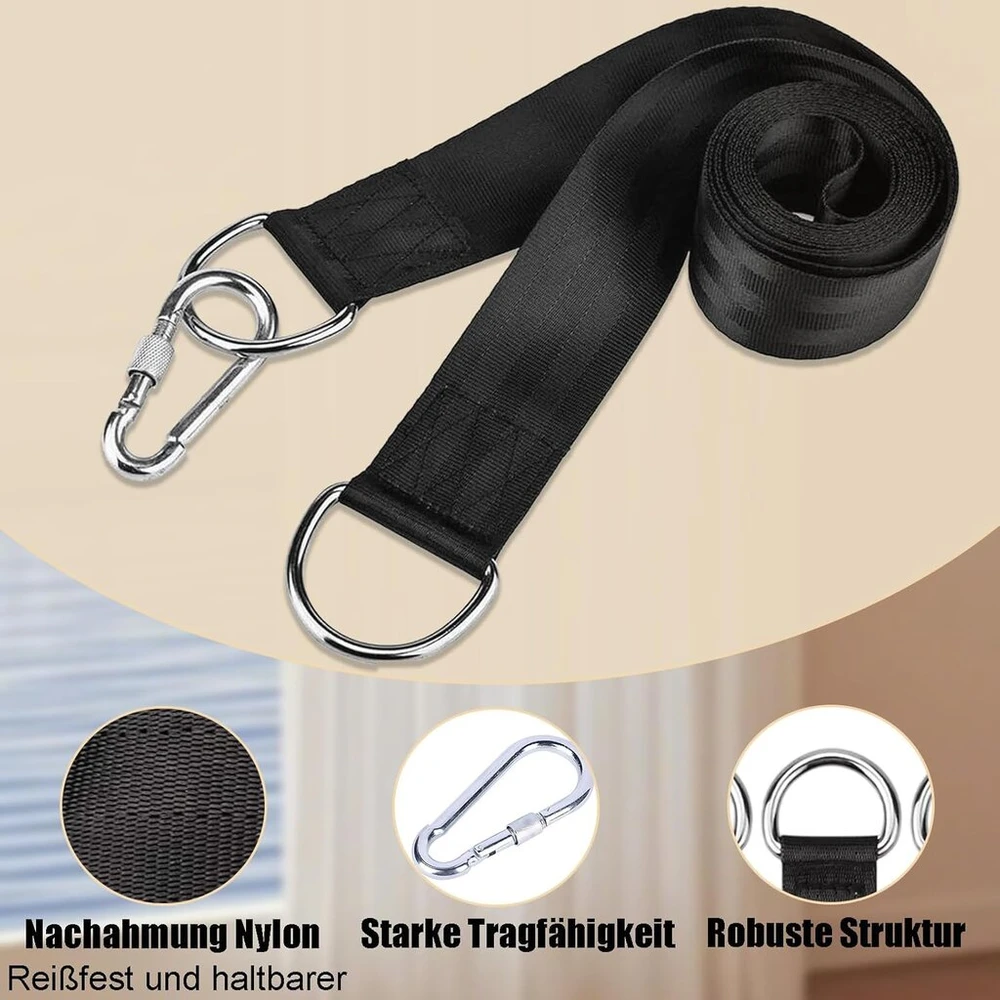 Sūpynių pakabinimo hamako tvirtinimo rinkinys, 2 vienetai 3,4 x 29,5 cm hamako tvirtinimo nailoninis pakabinimo dirželis su 2 d formos žiedais ir karabinais, skirtas sūpynėms medyje, juodas