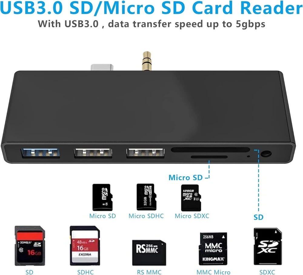 Surface Go doko stotis, Usb C šakotuvas Surface Go / Go2 / Go3 su Usb 3.0 + 2 Usb 2.0 + Sd kortelių skaitytuvu + Micro Sd kortelių skaitytuvu (sd & Tf lizdas) + 3.5 mm garso išvestis, daugiafunkcinis 6-in-2 Surface Go