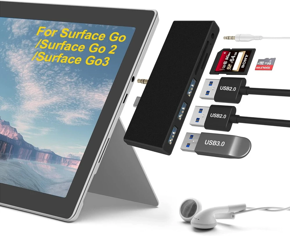 Surface Go doko stotis, Usb C šakotuvas Surface Go / Go2 / Go3 su Usb 3.0 + 2 Usb 2.0 + Sd kortelių skaitytuvu + Micro Sd kortelių skaitytuvu (sd & Tf lizdas) + 3.5 mm garso išvestis, daugiafunkcinis 6-in-2 Surface Go