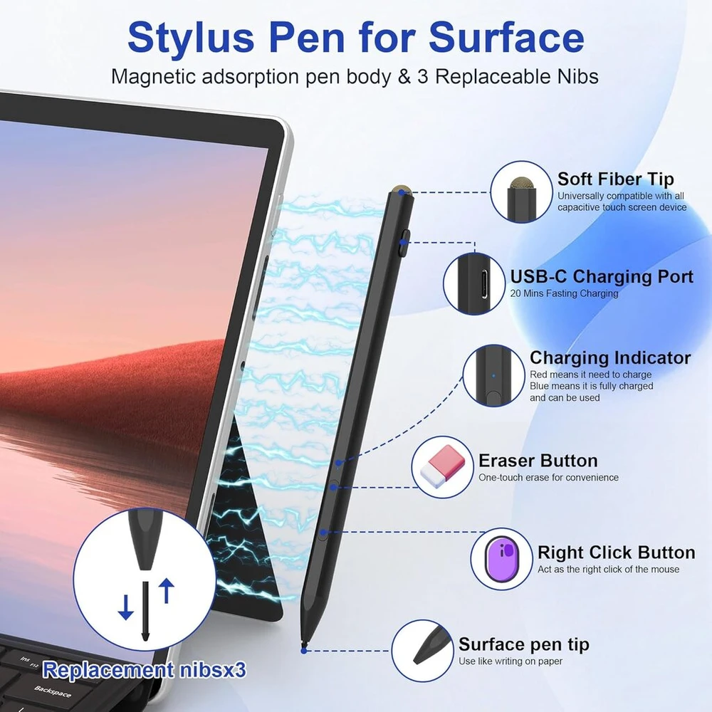 Surface Pen rašiklis, skirtas Microsoft Surface Pro 11/9/8/7/6/5/4/3, Surface Go 3/2/1 Surface Nešiojamas kompiuteris/studio/book 4/3/2/1 su 4096 jautrumo lygių, delno atmetimo funkcija, Microsoft Surface Go priedai