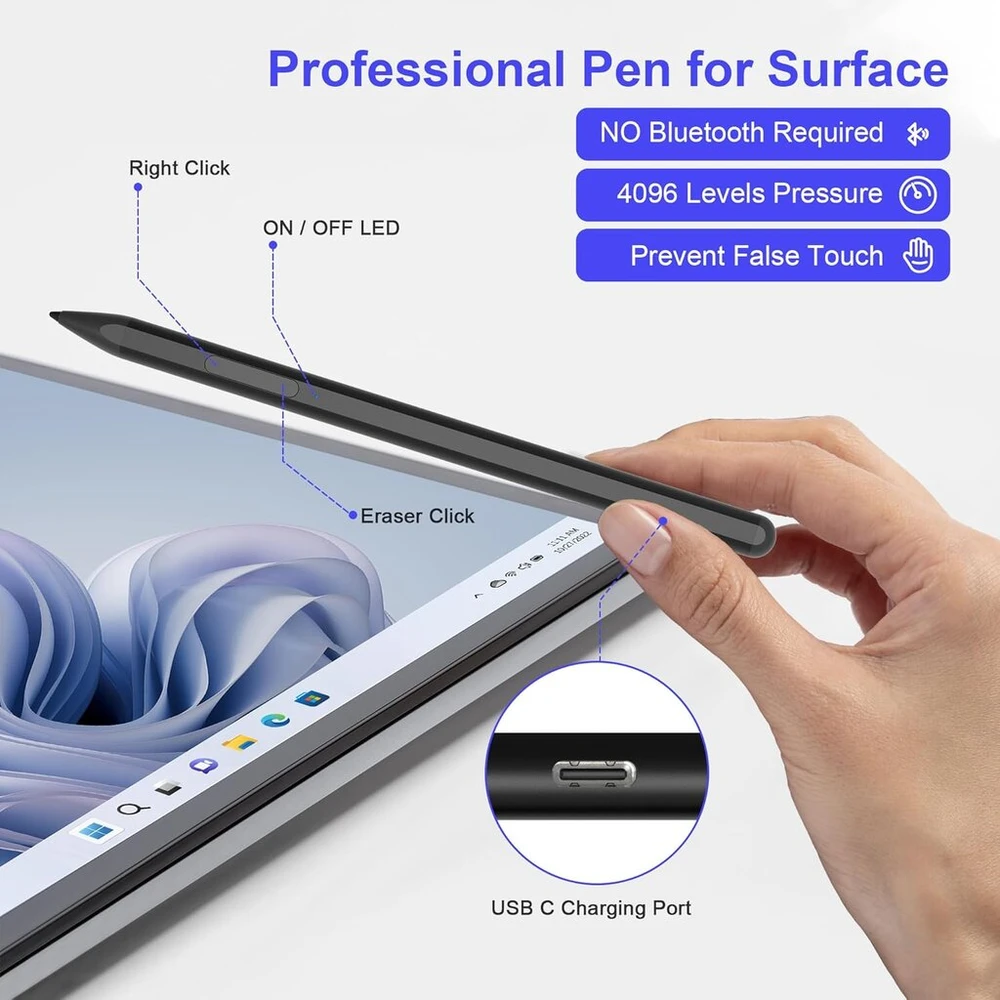 Surface Pen rašiklis, skirtas Microsoft Surface, Surface Pro 11 rašiklis, skirtas Surface Pro 11/10/9/8/x/7/7 plus/6/5/4/3, Surface Book/laptop/go/studio, greitas įkrovimas, 4096 jautrumo lygių