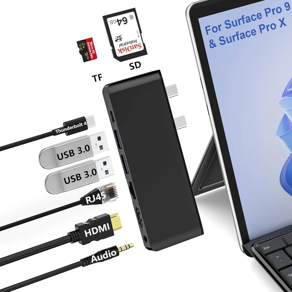 Surface Pro 9 doko stotis – su 4k Hdmi, Thunderbolt 4 (8k vaizdo įrašas + 40 Gbps + 100 W galia), 100m Ethernet, Usb 3.0, Sd Tf kortelių lizdu, 3,5 mm garso, trigubu ekranu, skirtas Surface Pro X/pro 9