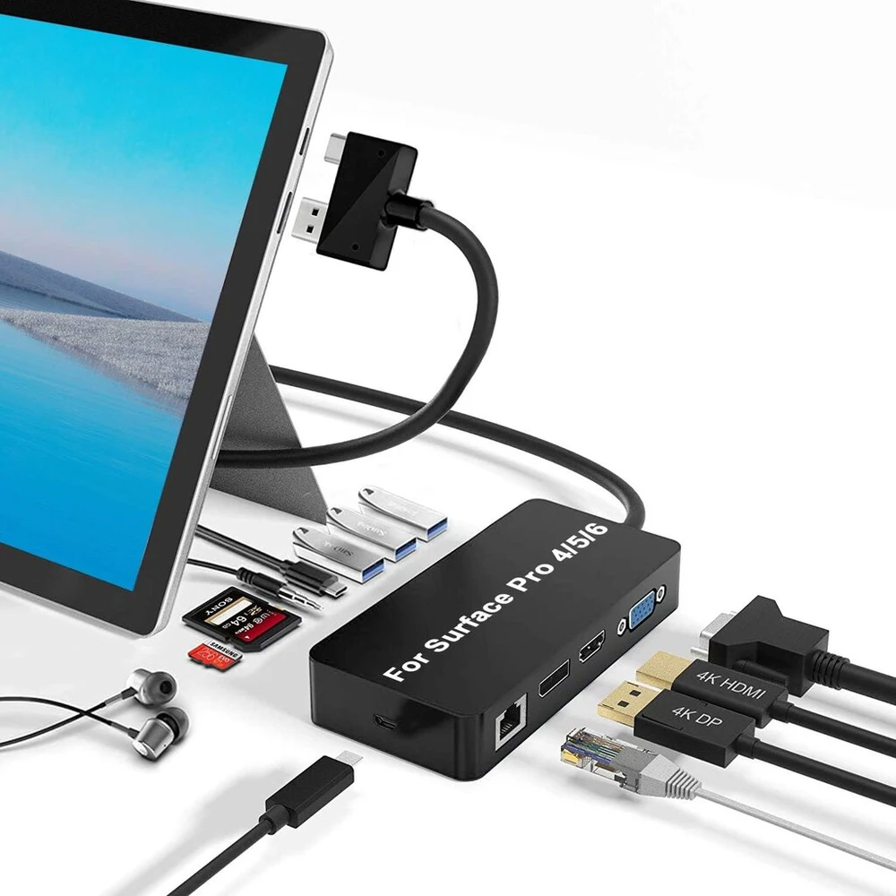 Surface Pro doko stotis, skirta Surface Pro 6 / Pro 5 / Pro 4, Usb šakotuvas su gigabitiniu eternetu, 4k Hdmi Vga Dp Ekranas Port, 3 x Usb 3.0, garso išvestis, Usb C prievadas, Sd/tf kortelių skaitytuvas