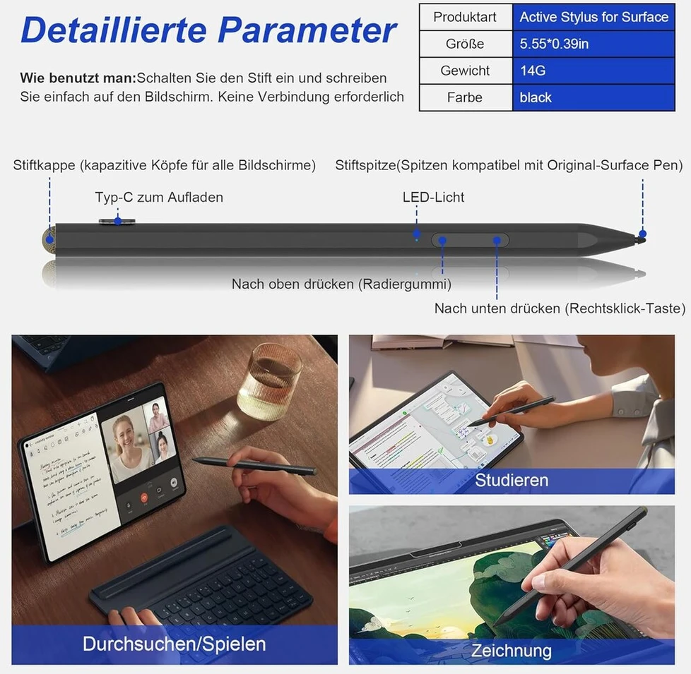 Surface Stylus Pen - magnetinis Surface Pen, skirtas Microsoft - 4096 spaudimo jautrumo lygiai, atmetimas delno ir pakreipimo funkcija, Microsoft Surface pieštukas, skirtas Surface Pro 11/10/9/8/x/7/6/5/4/3, Surface Go 4/3/2/1/laptop/studio/book