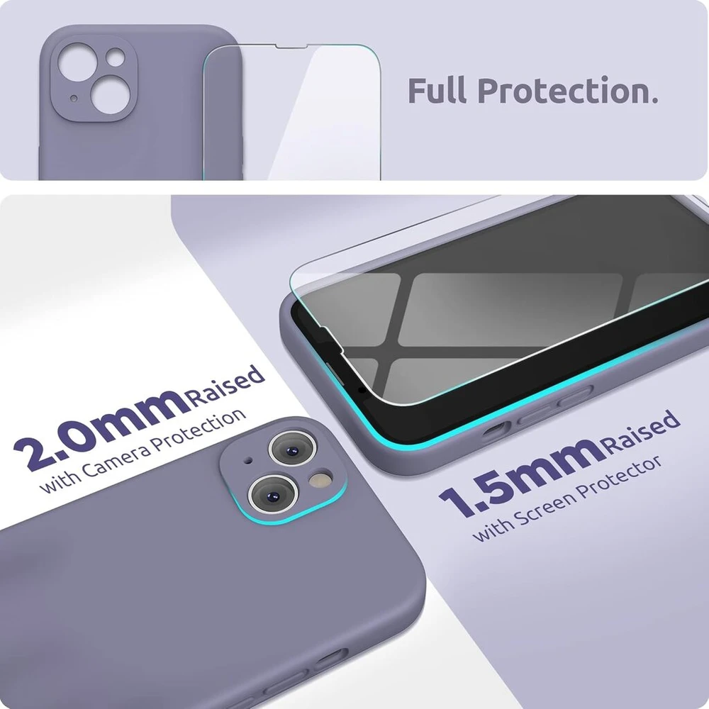 Surphy dėklas, suderinamas su iphone 13 mini, silikoninis dėklas su ekrano apsauga, telefono dėklas iphone 13 mini su kameros apsauga, iphone 13 mini apsauginis dėklas 6.1 colio 2021, levandų pilka