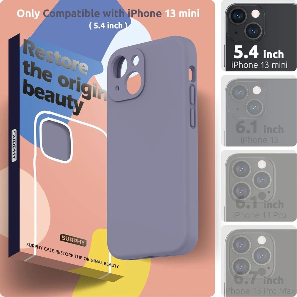 Surphy dėklas, suderinamas su iphone 13 mini, silikoninis dėklas su ekrano apsauga, telefono dėklas iphone 13 mini su kameros apsauga, iphone 13 mini apsauginis dėklas 6.1 colio 2021, levandų pilka
